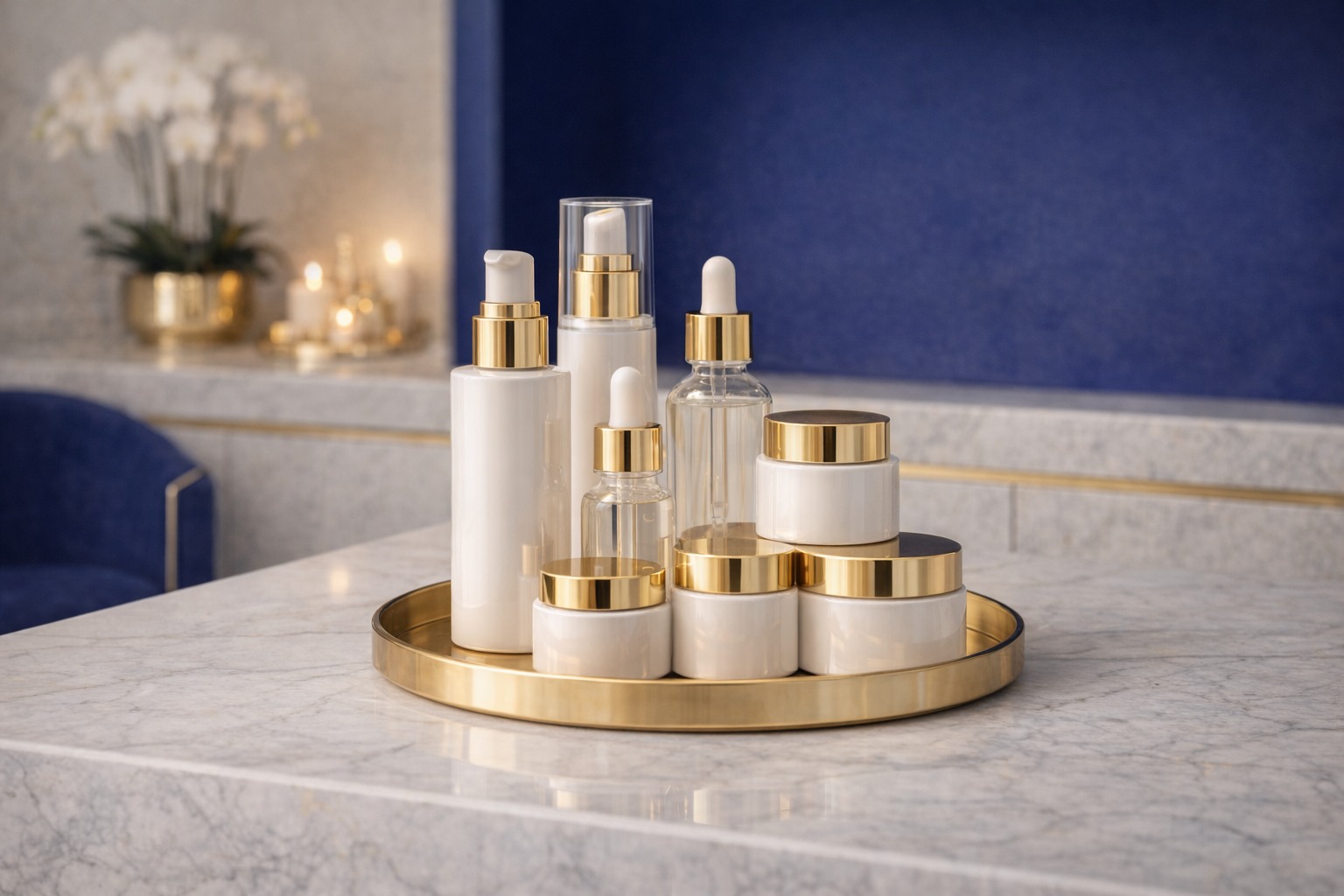 Luxury skincare product display arranged on a marble counter
