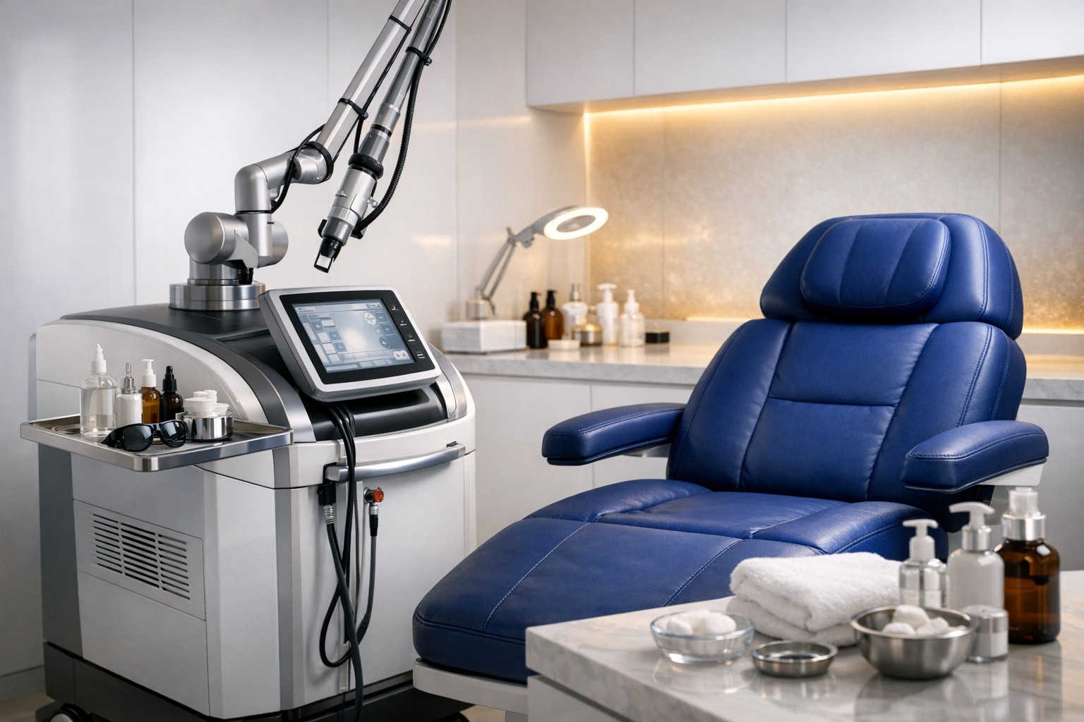 Premium laser device setup detail inside a polished treatment suite