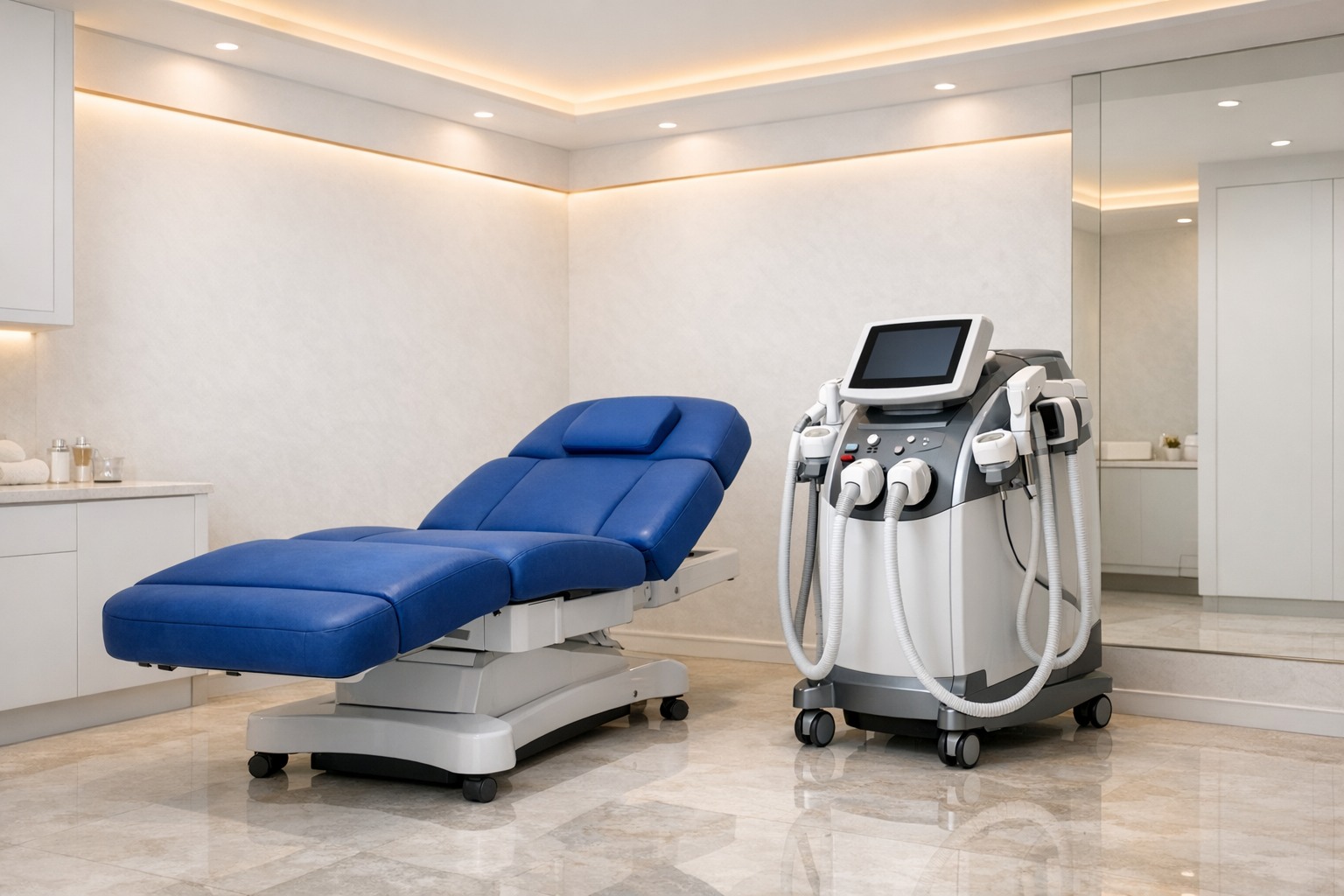 Body contouring machine room with white, blue, and gold clinic styling