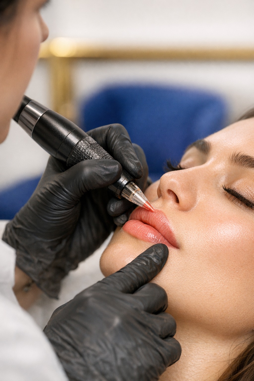 Permanent makeup lip tint procedure close-up from an alternate angle