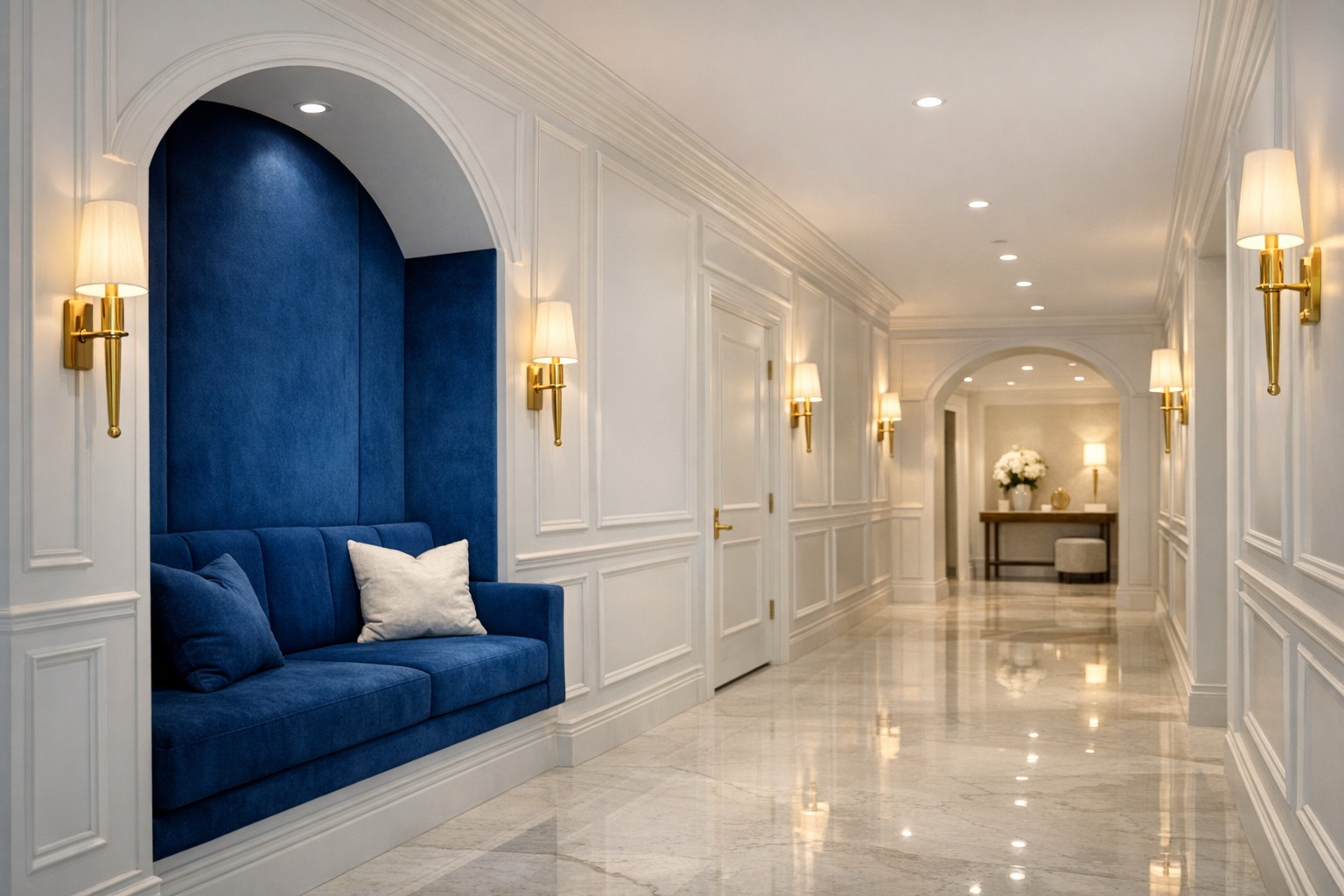 Elegant clinic hallway with white walls, blue niche seating, and gold sconces