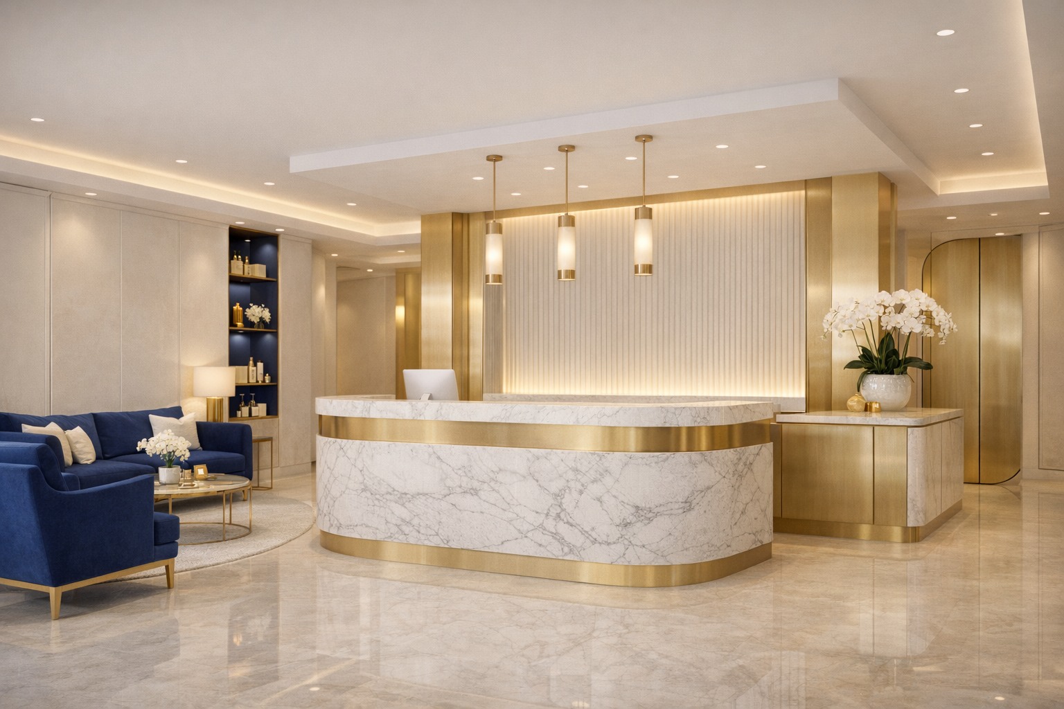 Luxury JS Aesthetics clinic reception with royal blue and gold premium interior