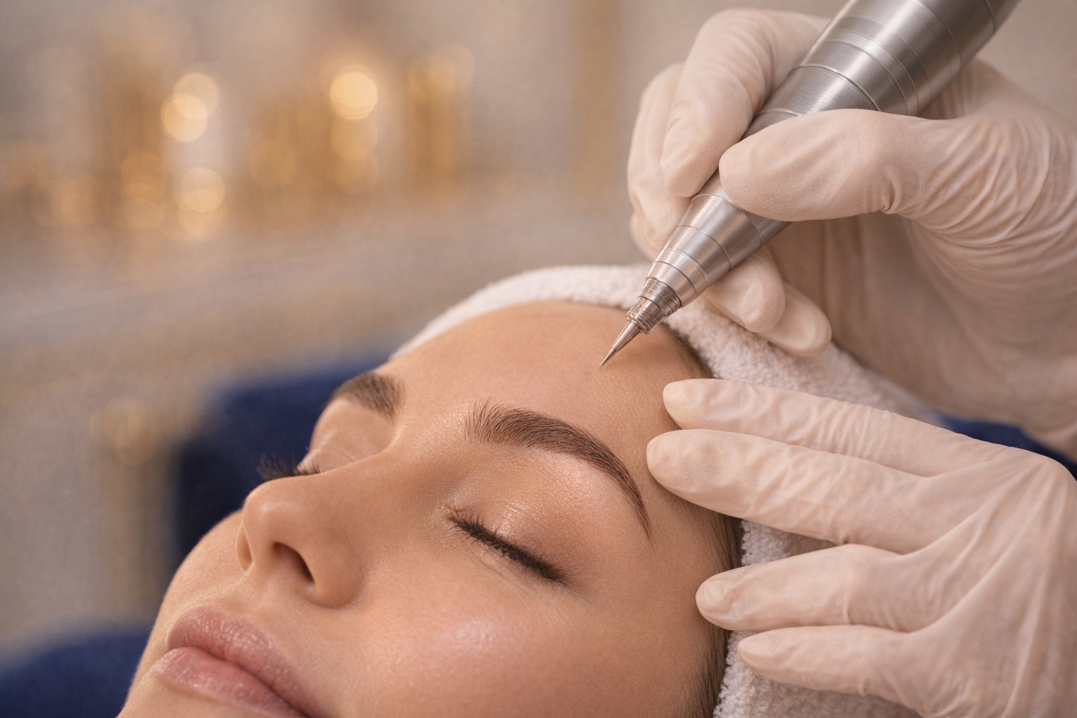Permanent makeup eyebrows procedure close-up in a luxury clinic