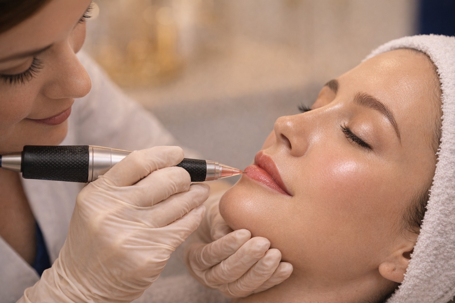 Permanent makeup lip tint procedure in a premium clinic